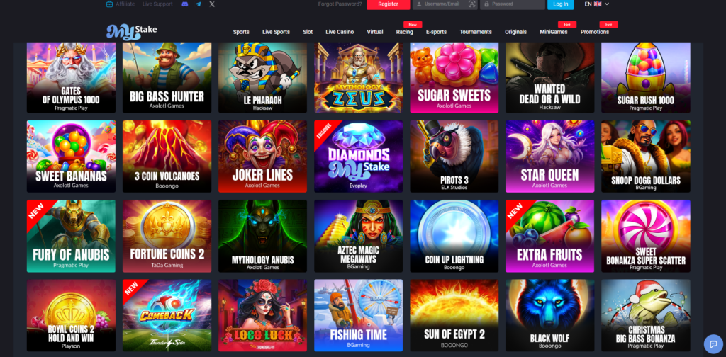MyStake casino showing game lobby and sportsbook navigation
