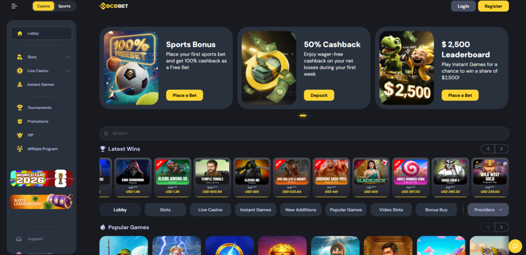CocoBet casino homepage with game selection visible